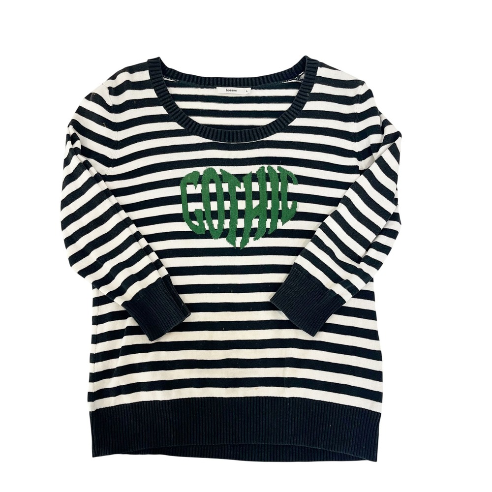 Bossini Y2K Striped Gothic Heart Sweater Black White Green Scoop Neck LARGE